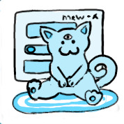 A turquoise three-eyed cat in front of a mew-X design presentation