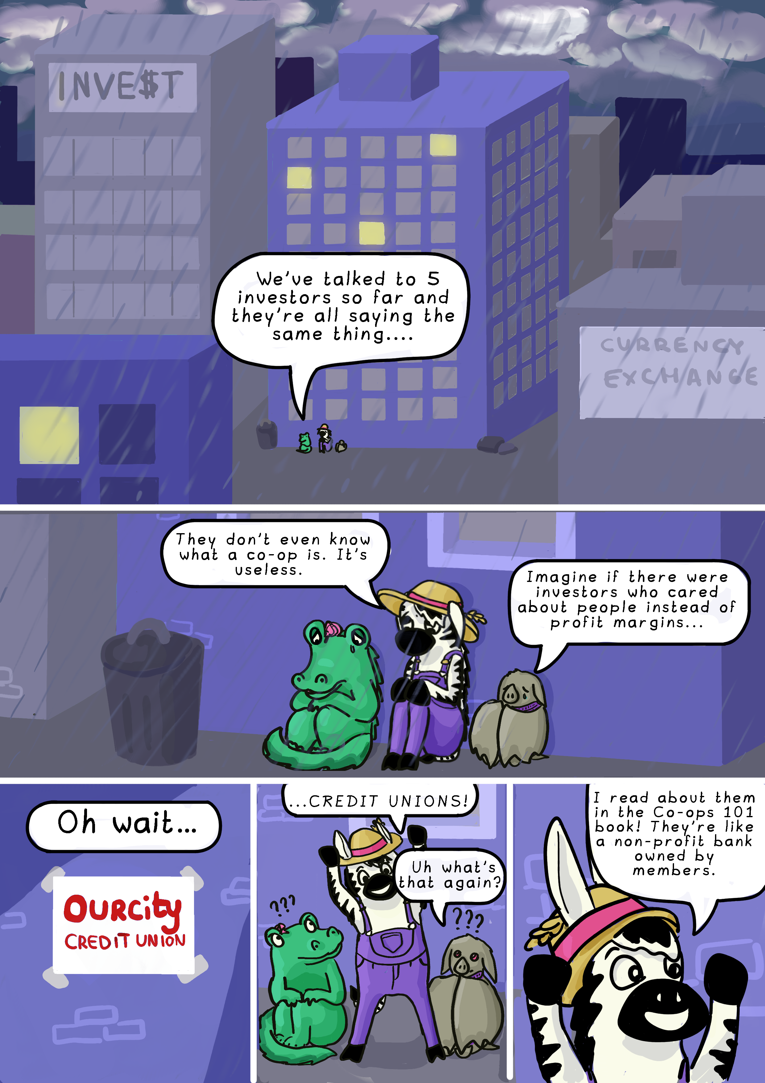 Page 6. Panel 1: A city at nighttime. The sky is cloudy and grey and it is raining. There is a building that says 'Invest' on it and a currency exchange. The animals are sitting in alley under the rain, feeling discouraged. Aliigator says: 'We’ve talked to 5 investors so far and they’re all saying the same thing....'

        Panel 2: We see that the animals are sitting next to a trash can. Zebra says: 'They don’t even know what a co-op is. It’s useless.' Bat says: 'Imagine if there were investors who cared about people instead of profit margins...'

        Panel 3: The rain stops. A light shines on a sign that says 'Ourcity Credit Union'. Zebra says: 'Oh wait...'

        Panel 4: Zebra raises his arms triumphantly. The other two look confused. Zebra says: 'Credit unions!' Bat asks: 'Uh, what's that again?'

        Panel 5: Zebra says: 'I read about them in the co-ops 101 book! They’re like a non-profit bank owned by members.'