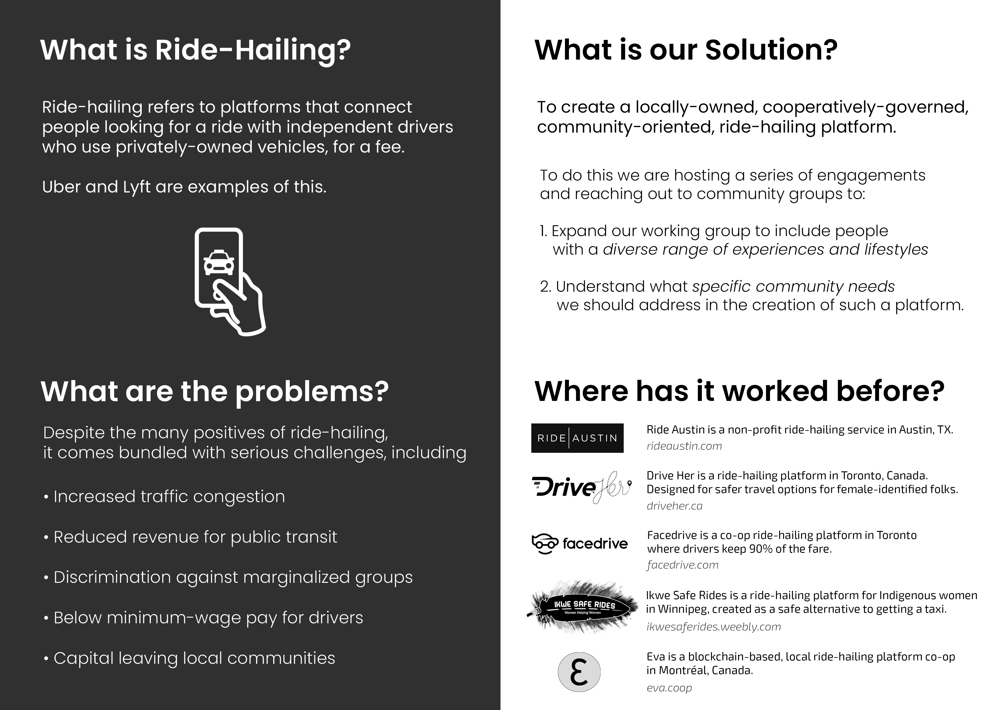 The inside of an informational pamphlet for the ride-hailing project