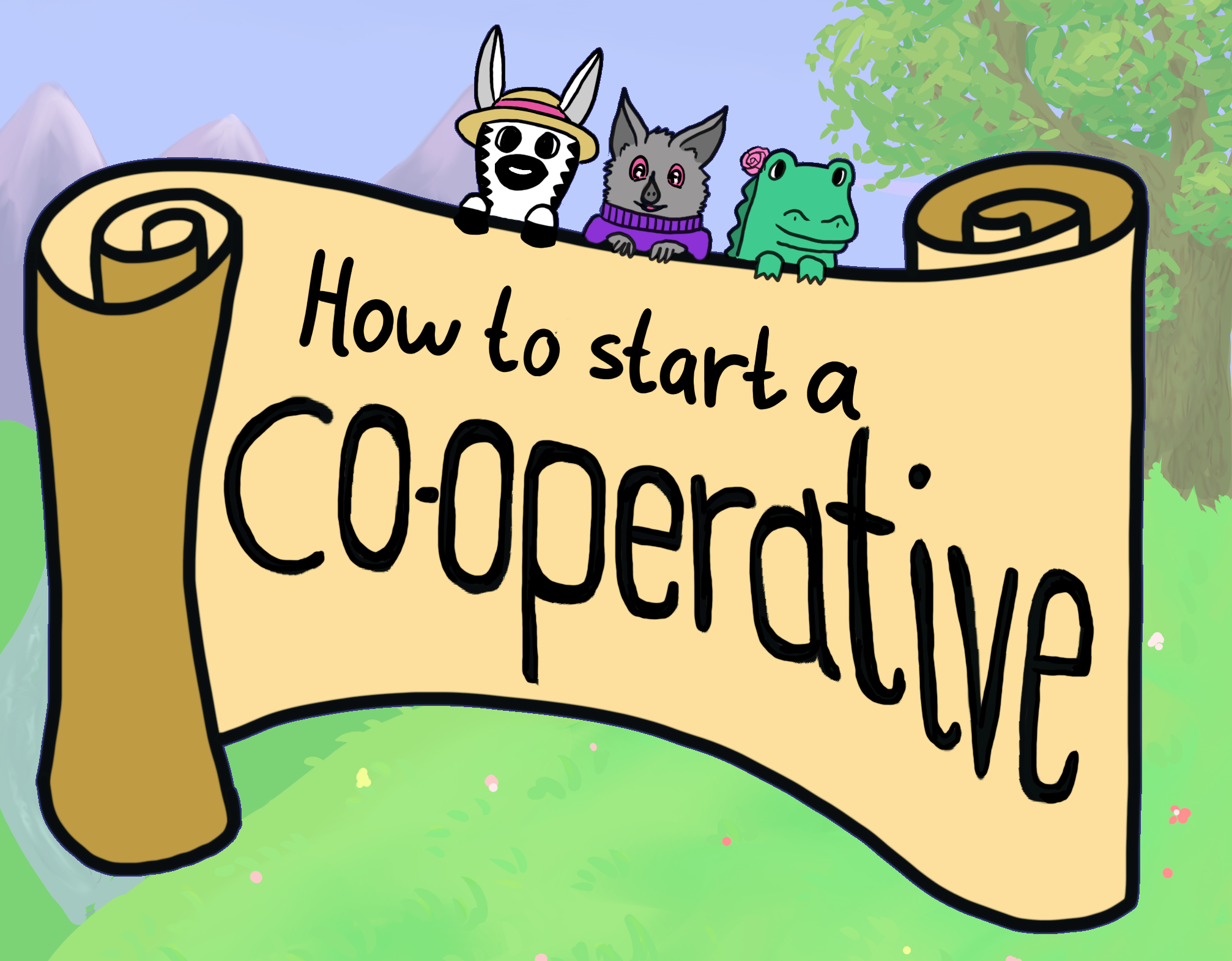 A zebra, a bat, and an alligator above a scroll saying 'How to start a co-operative'